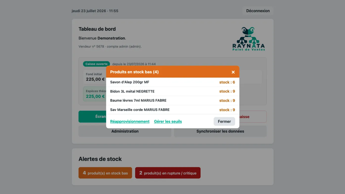 Alertes de stock de la caisse Raynata : liste des produits en stock bas avec leur quantité restante