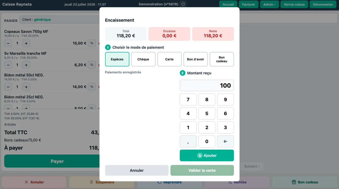 Écran d'encaissement de la caisse Raynata : total, choix du mode de paiement et pavé numérique tactile