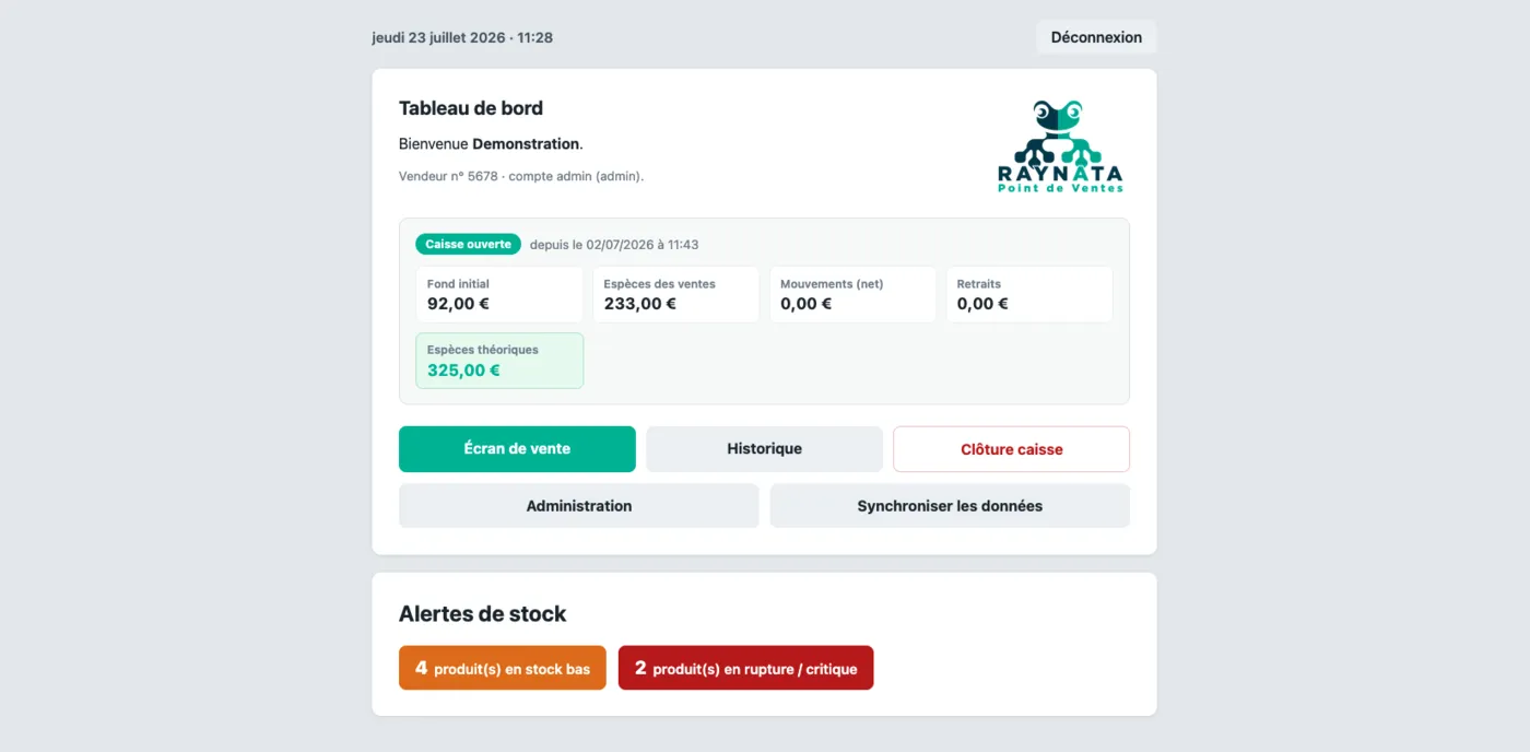 Écran d'accueil de la caisse Raynata : état de la caisse ouverte, fond initial, espèces théoriques et accès à la clôture