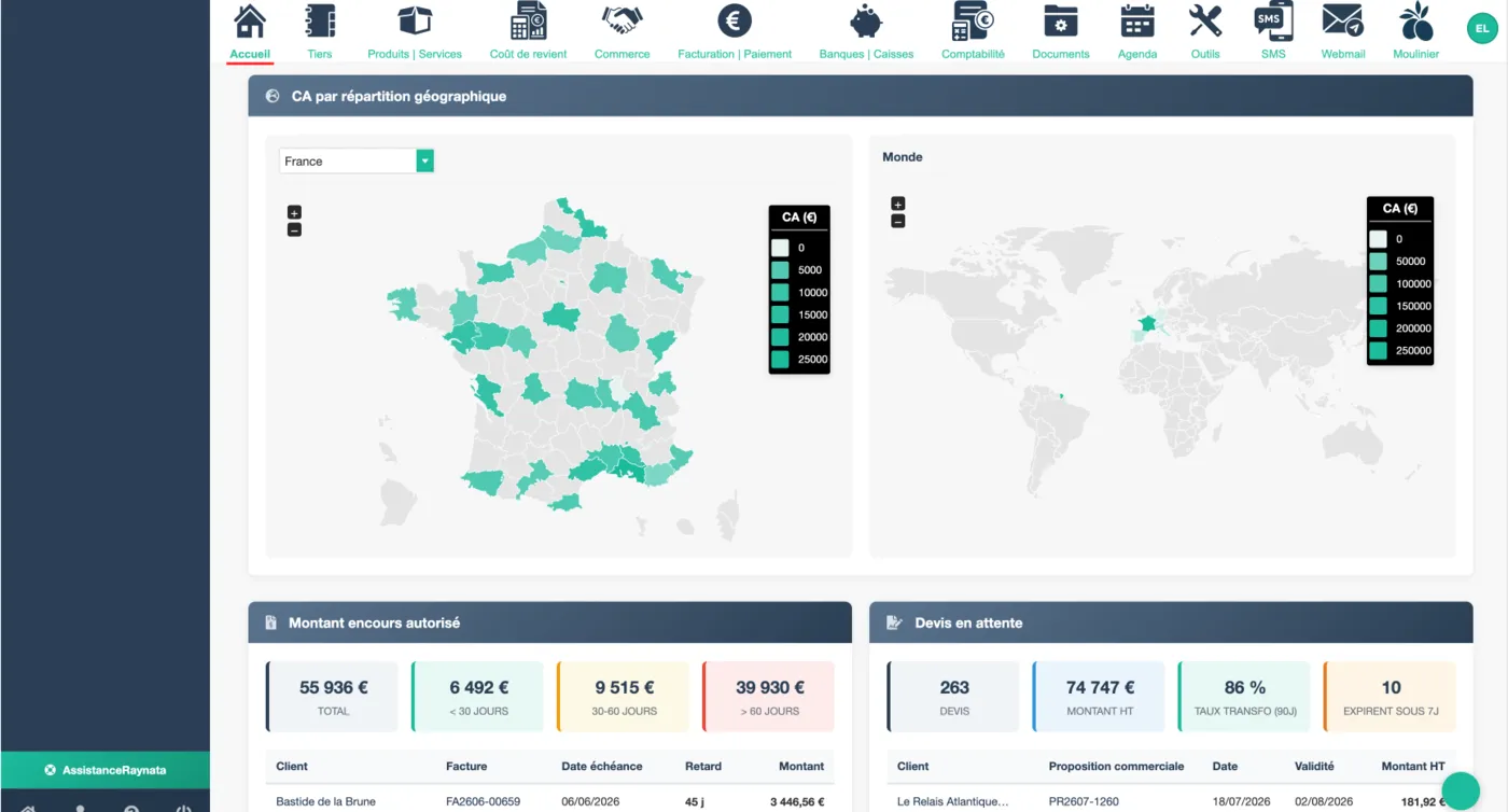 Répartition géographique du chiffre d'affaires dans Raynata : carte de France par département, carte du monde, encours autorisé et devis en attente