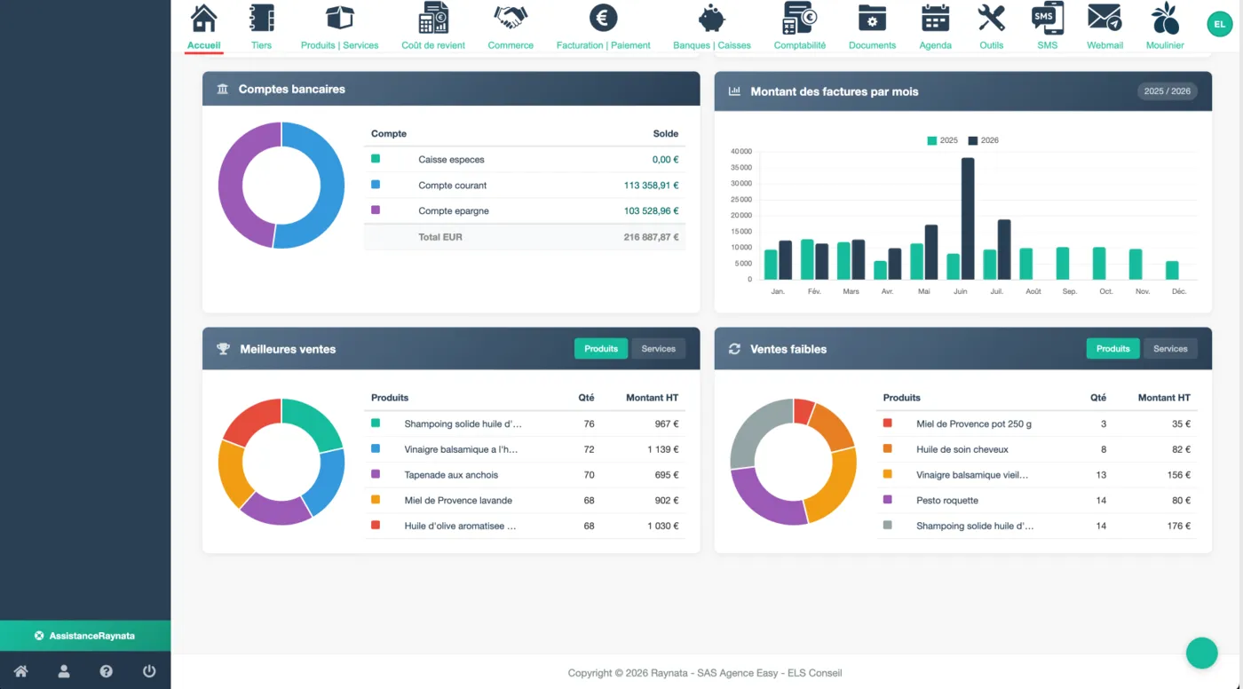 Tableau de bord du logiciel de gestion Raynata : modules, comptes bancaires, montant des factures par mois et meilleures ventes